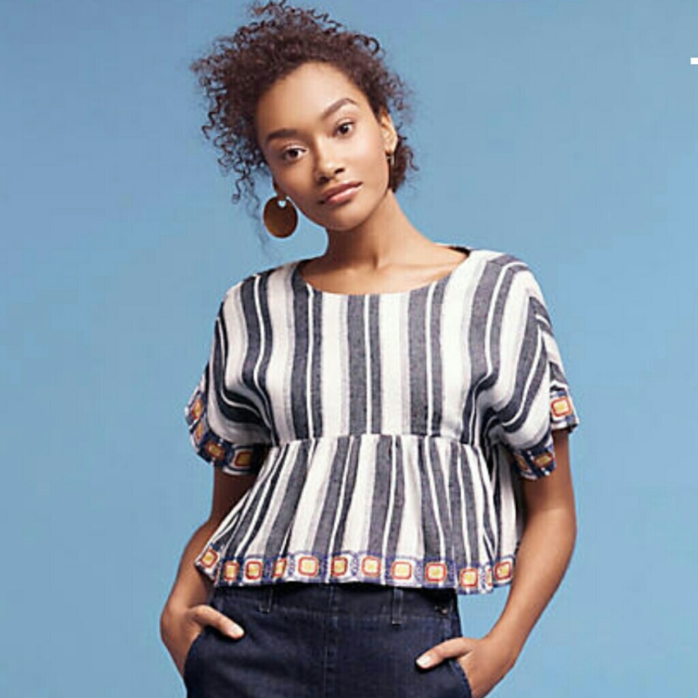 Anthropologie blue motif embroidered top NWT sz L